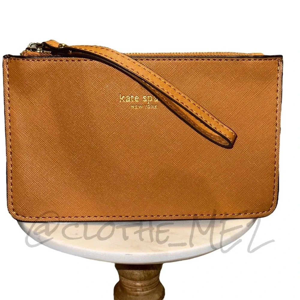 KATE SPADE - Leather Wristlet Pouchette, brown/light fawn color